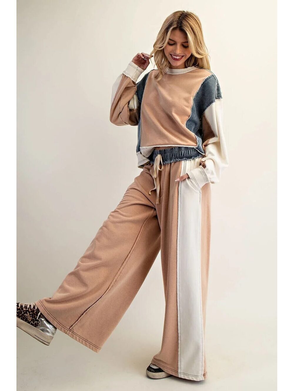 Ee:some color block denim sweater top and wide leg pants